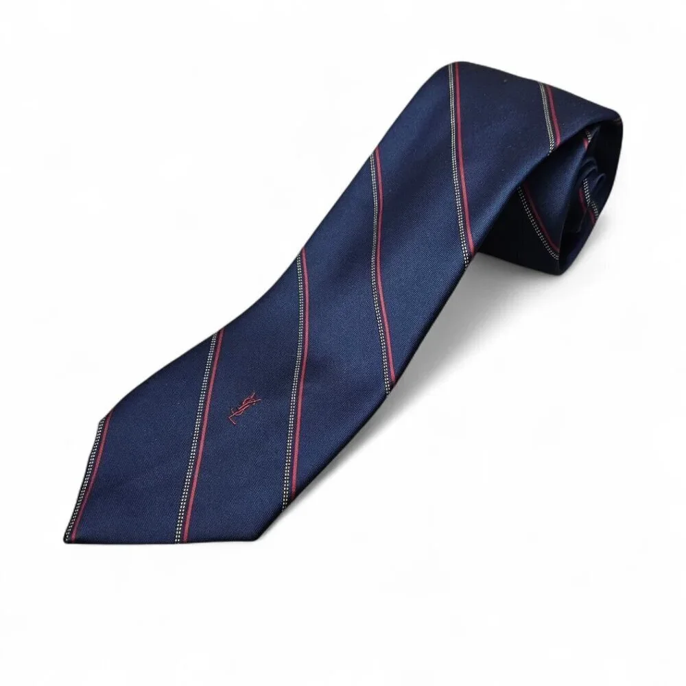 Yves Saint Laurent YSL Silk Tie Stripe Navy And Red Suit Long Necktie COA